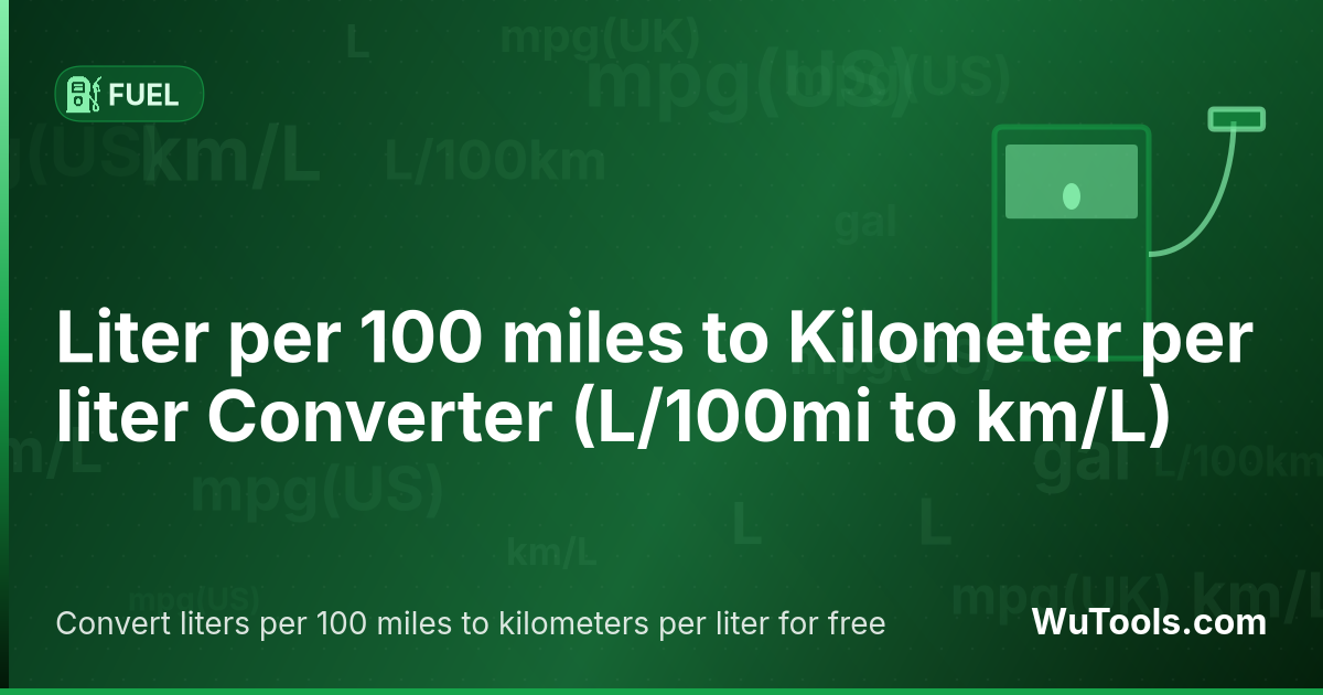 Conversor de Litro por 100 milhas para Quilômetro por litro — Converta litros por 100 milhas para quilômetros por litro grátis. L/100mi = 100 ÷ km/L. Conversor preciso com fórmula, e