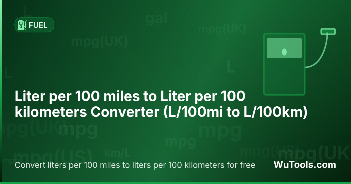 Conversor de Litro por 100 milhas para Litro por 100 quilômetros — Converta litros por 100 milhas para litros por 100 quilômetros grátis. 1 L/100mi = 0.62137119 L/100km. Conversor preciso