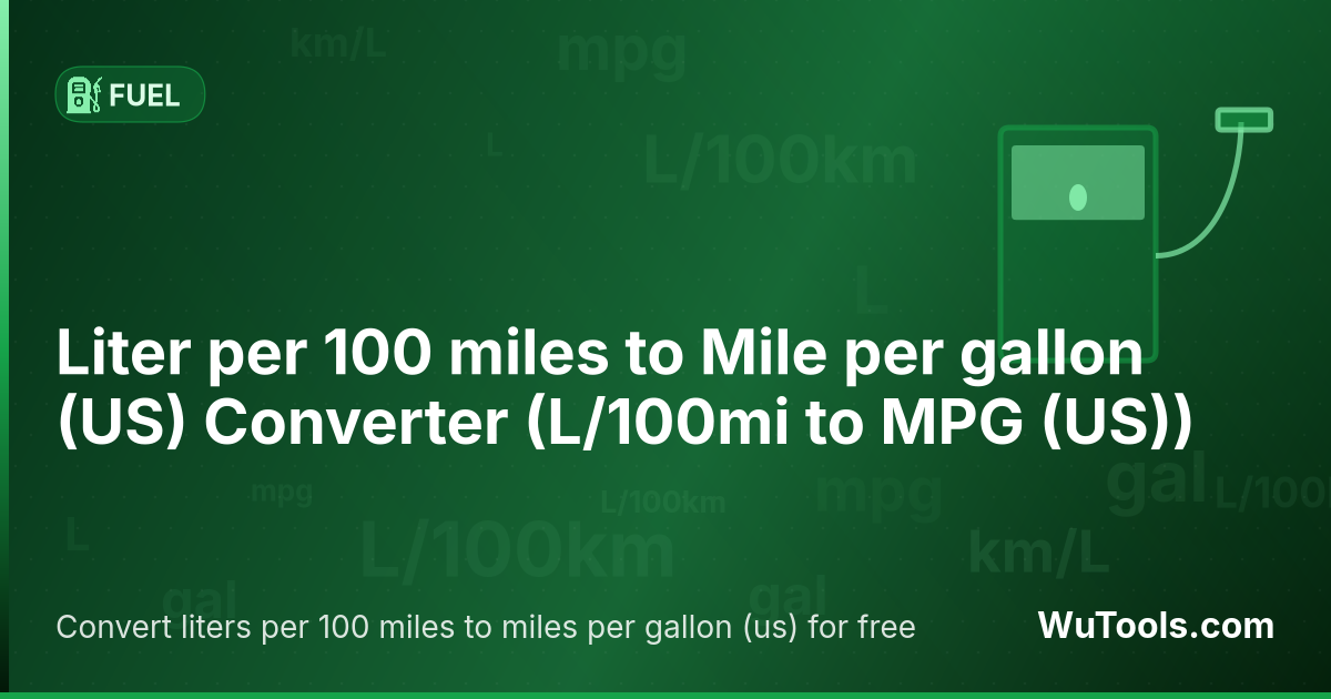 Conversor de Litro por 100 milhas para Milha por galão (US) — Converta litros por 100 milhas para milhas por galão (us) grátis. L/100mi = 235.214583 ÷ MPG (US). Conversor preciso com