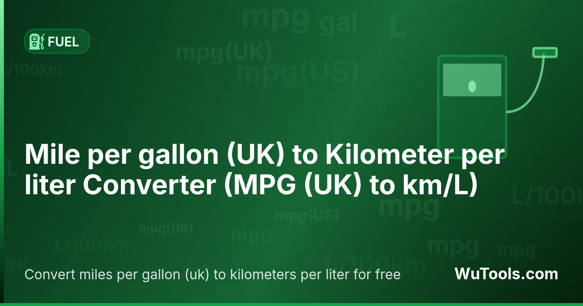 Convertisseur de Miles par gallon (UK) en Kilomètre par litre — Convertir miles par gallon (uk) vers kilomètres par litre gratuitement. 1 MPG (UK) = 2.82481053 km/L. Convertisseur préc