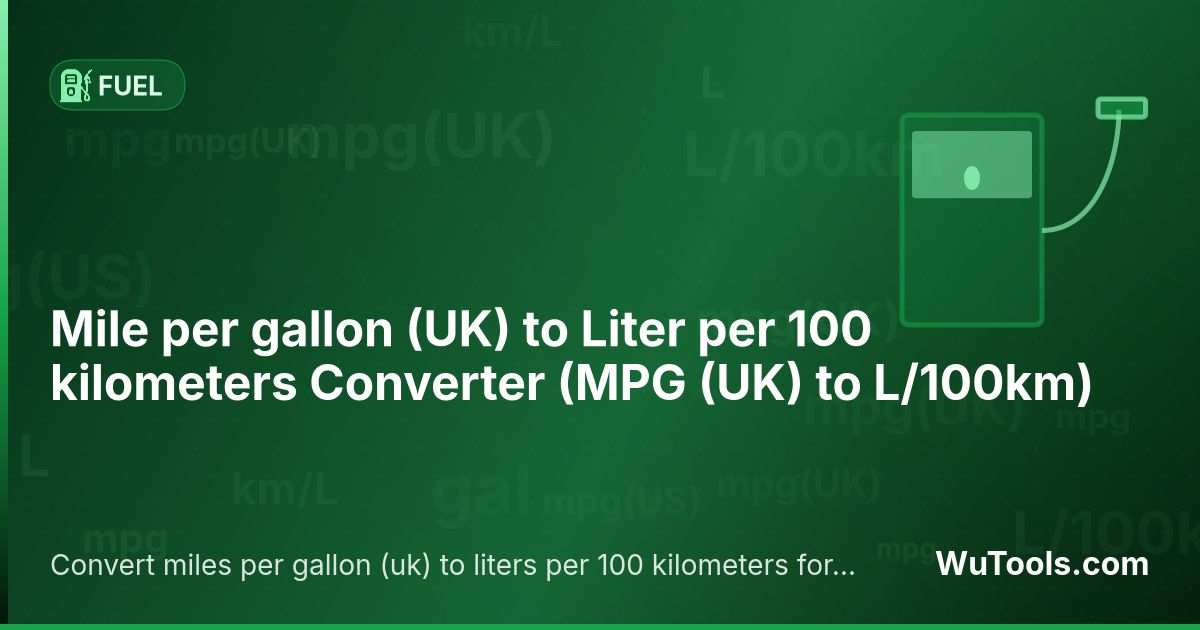 Conversor de Milha por galão (UK) para Litro por 100 quilômetros — Converta milhas por galão (uk) para litros por 100 quilômetros grátis. MPG (UK) = 282.481053 ÷ L/100km. Conversor precis