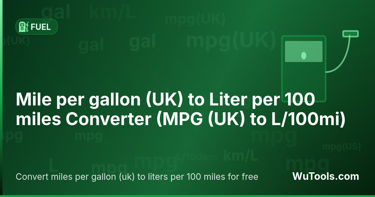 Conversor de Milha por galão (UK) para Litro por 100 milhas — Converta milhas por galão (uk) para litros por 100 milhas grátis. MPG (UK) = 282.481053 ÷ L/100mi. Conversor preciso com