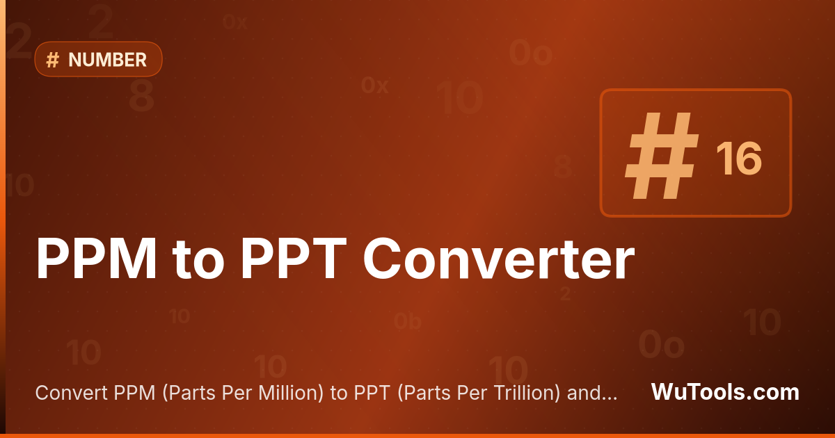 Convertisseur PPM vers PPT — Convertissez des PPM en PPT (ppm en ppt) instantanément avec notre convertisseur en ligne gratuit. Formule ppt = ppm × 1