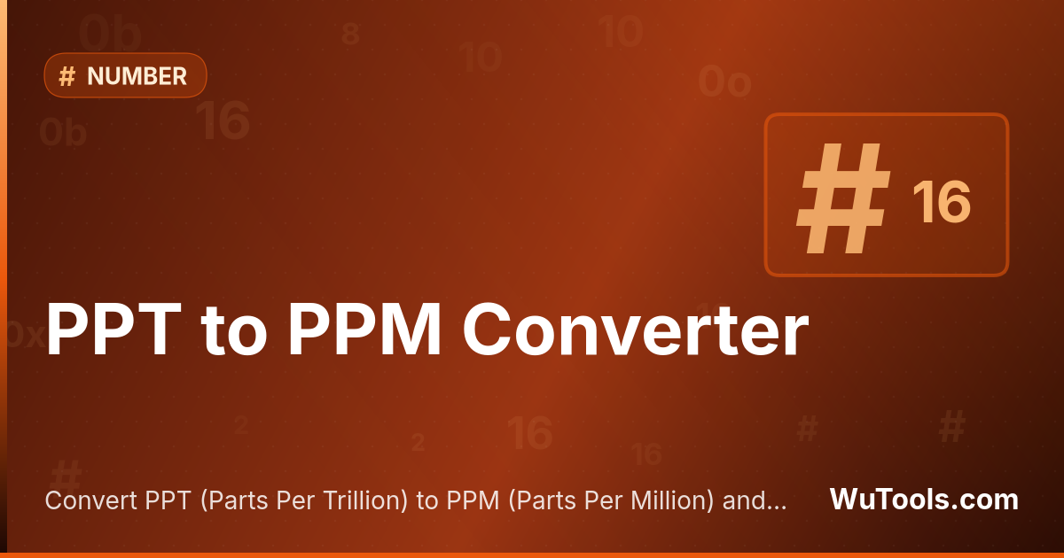 Conversor PPT para PPM — Converta PPT para PPM (ppt para ppm) instantaneamente com nosso conversor online gratuito. Fórmula ppm = ppt ÷ 1,000,000