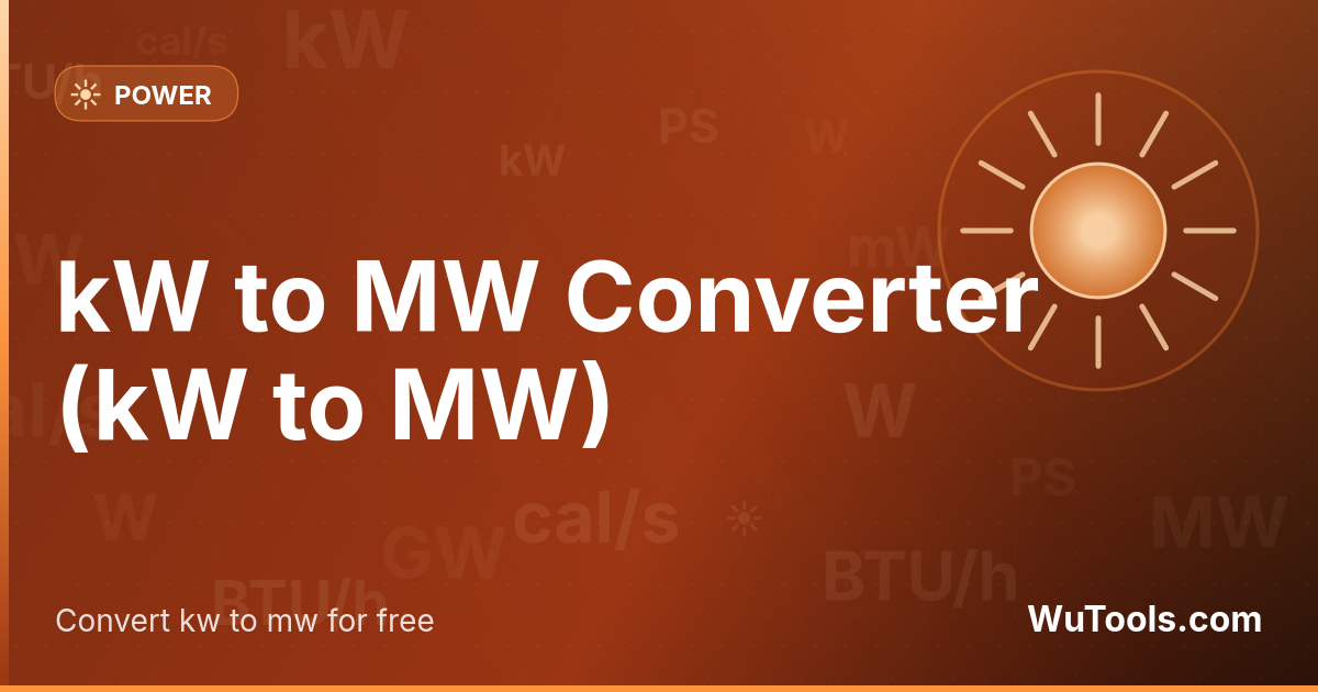 kW to MW Converter — Convert Kilowatts to Megawatts (kW to MW) instantly with our free online converter. Accurate 1 MW = 1000 kW formula, exa