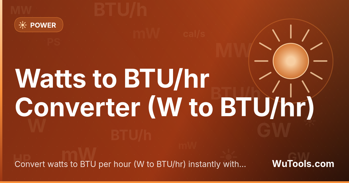 Watts to BTU/hr Converter — Convert watts to BTU per hour instantly: 1 W = 3.41214 BTU/hr. Free W to BTU/hr calculator for HVAC sizing, heat-pump ra