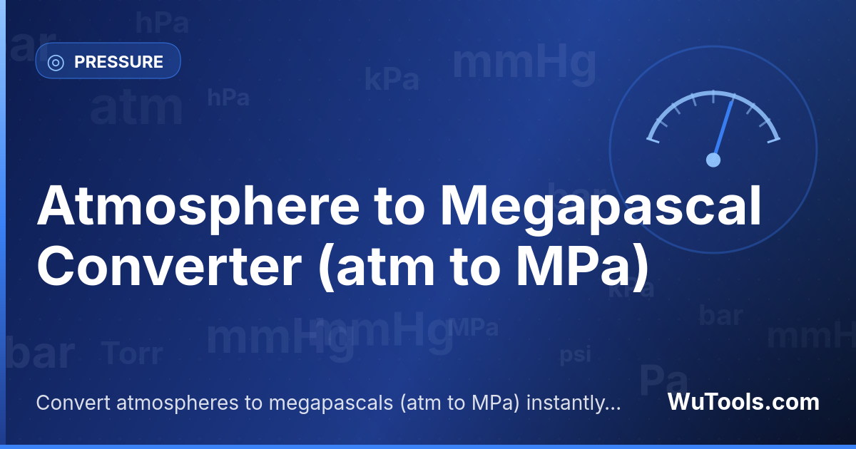 Atmosfera para Megapascal — Converta atmosferas para megapascais grátis. 1 atm = 0.101325 MPa. Conversor preciso com fórmula, exemplos e tabela de c