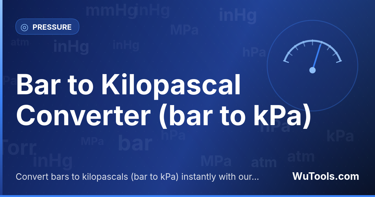 Bar para Quilopascal — Converta bars para quilopascais grátis. 1 bar = 100 kPa. Conversor preciso com fórmula, exemplos e tabela de conversão o