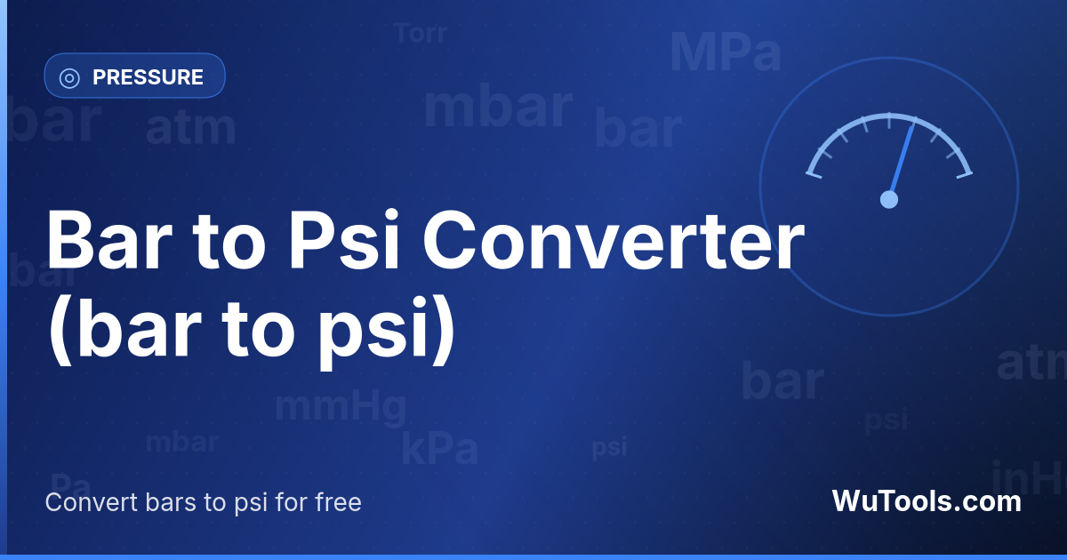 Bar vers Psi — Convertir bars vers psi gratuitement. 1 bar = 14.50377377 psi. Convertisseur précis avec formule, exemples et table de c