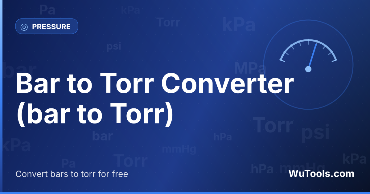 Bar para Torr — Converta bars para torr grátis. 1 bar = 750.06157585 Torr. Conversor preciso com fórmula, exemplos e tabela de conversão
