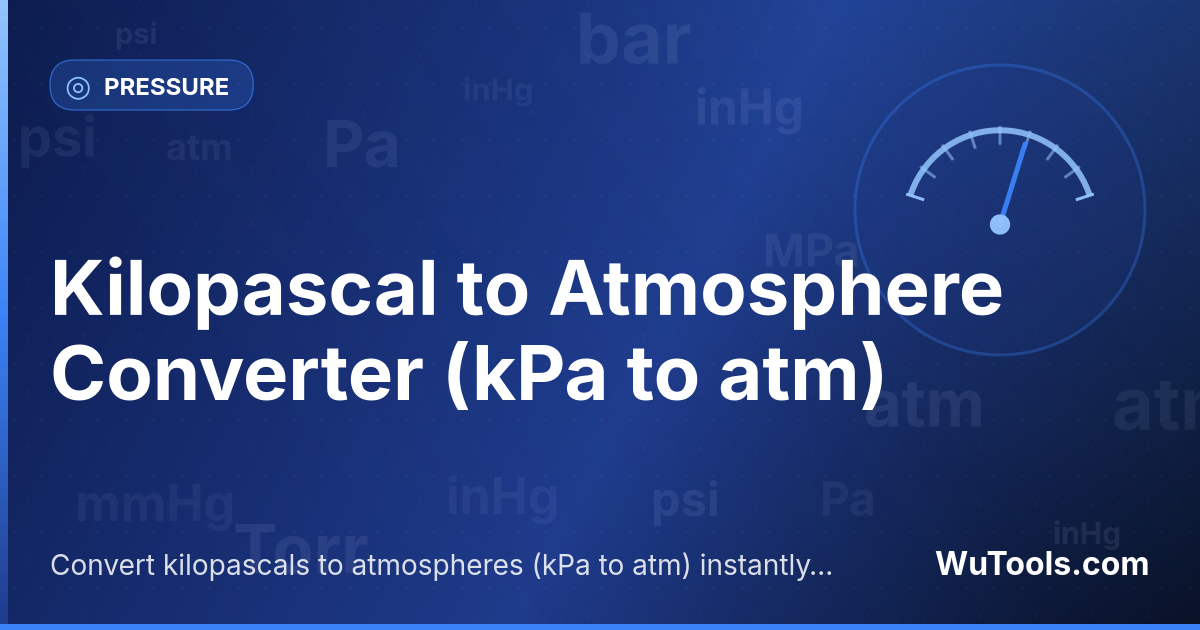 Quilopascal para Atmosfera — Converta quilopascais para atmosferas grátis. 1 kPa = 0.00986923 atm. Conversor preciso com fórmula, exemplos e tabela d