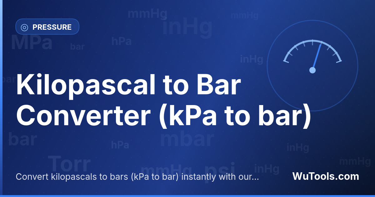 Quilopascal para Bar — Converta quilopascais para bars grátis. 1 kPa = 0.01 bar. Conversor preciso com fórmula, exemplos e tabela de conversão