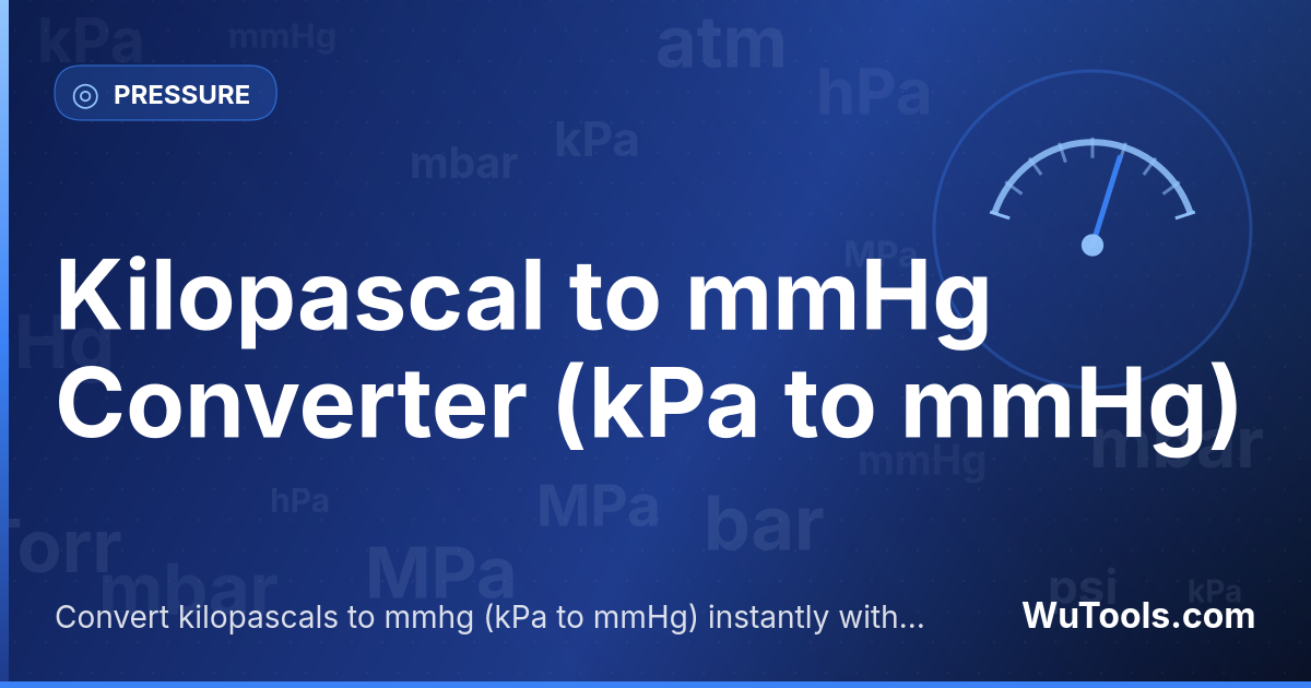Quilopascal para mmHg — Converta quilopascais para mmhg grátis. 1 kPa = 7.50061576 mmHg. Conversor preciso com fórmula, exemplos e tabela de con