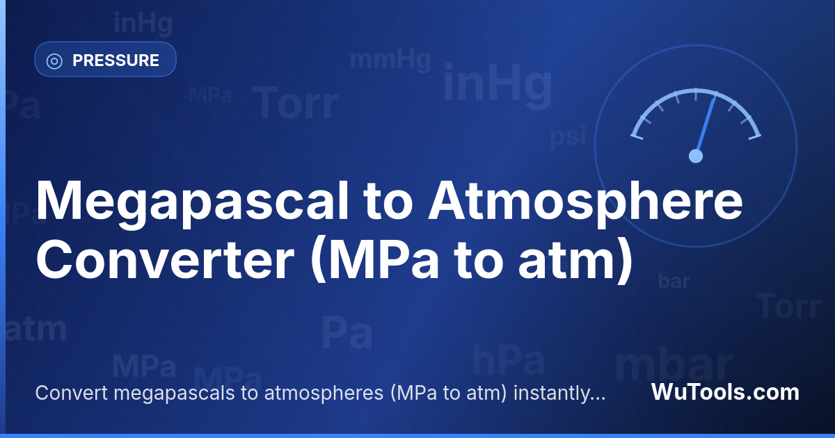 Megapascal para Atmosfera — Converta megapascais para atmosferas grátis. 1 MPa = 9.86923267 atm. Conversor preciso com fórmula, exemplos e tabela de