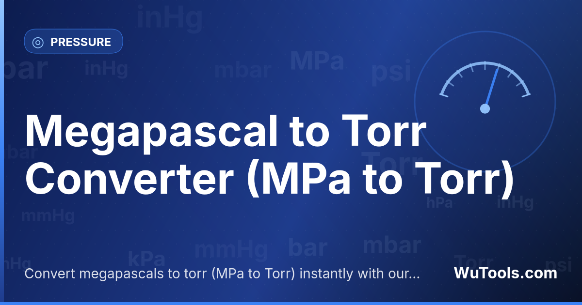 Megapascal para Torr — Converta megapascais para torr grátis. 1 MPa = 7500.61575846 Torr. Conversor preciso com fórmula, exemplos e tabela de c