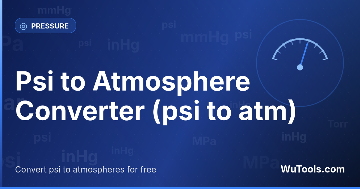 Psi para Atmosfera — Converta psi para atmosferas grátis. 1 psi = 0.06804596 atm. Conversor preciso com fórmula, exemplos e tabela de convers