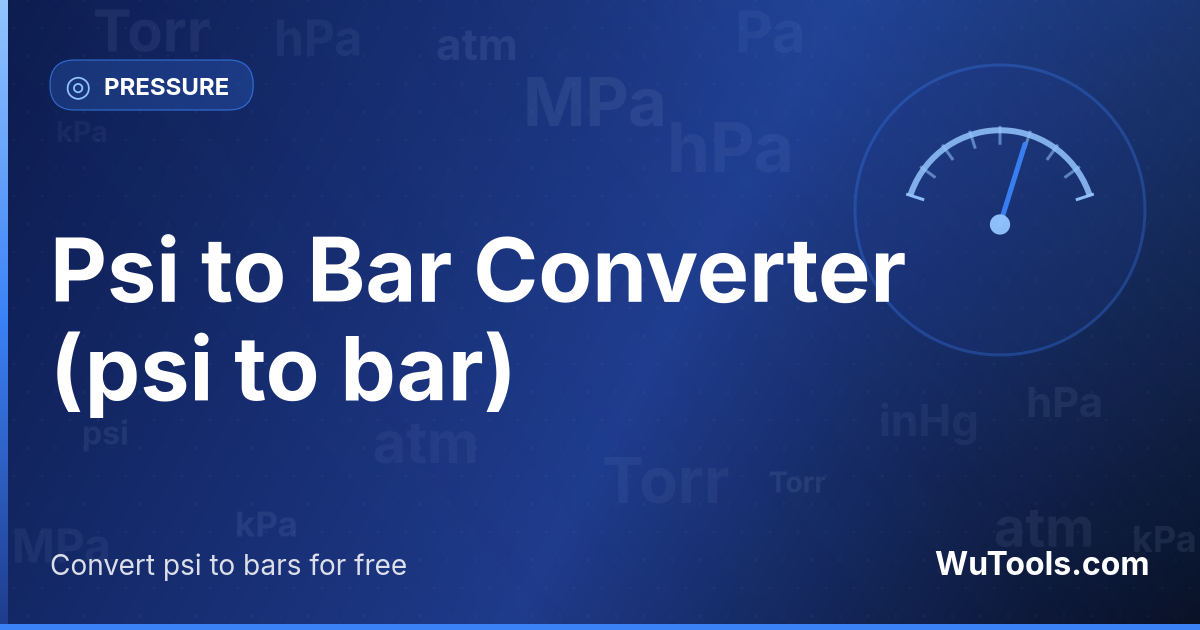 Psi para Bar — Converta psi para bars grátis. 1 psi = 0.06894757 bar. Conversor preciso com fórmula, exemplos e tabela de conversão onl