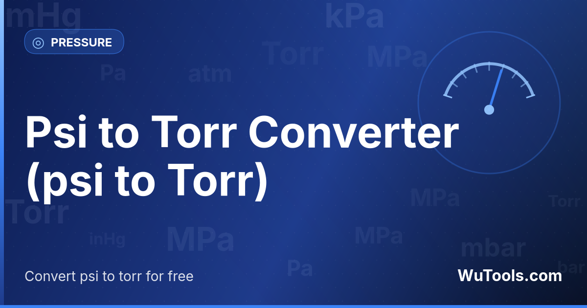 Psi para Torr — Converta psi para torr grátis. 1 psi = 51.7149252 Torr. Conversor preciso com fórmula, exemplos e tabela de conversão on