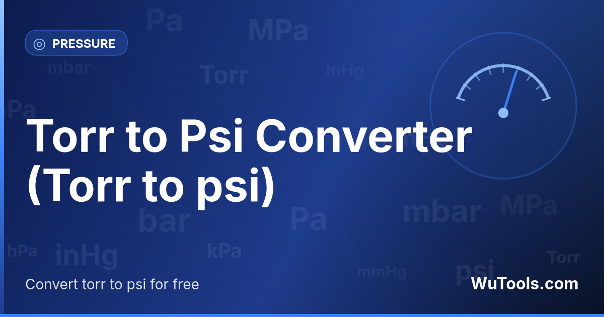 Torr vers Psi — Convertir torr vers psi gratuitement. 1 Torr = 0.01933678 psi. Convertisseur précis avec formule, exemples et table de c