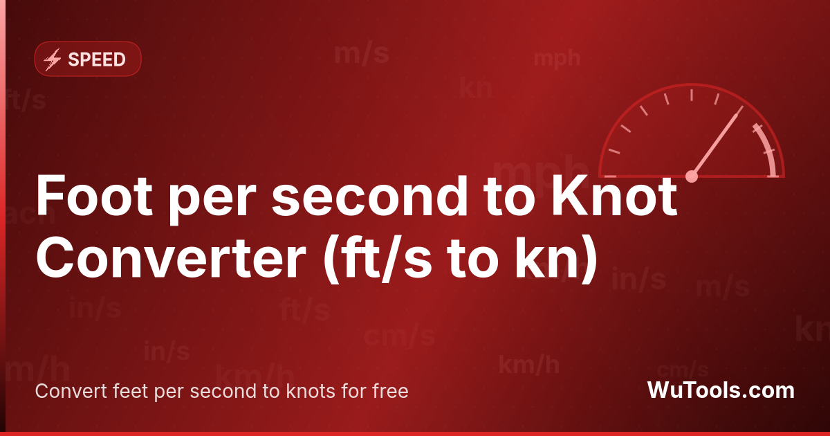 Foot per second to Knot Converter — Convert feet per second to knots for free. 1 ft/s = 0.592483801296 kn. Accurate converter with formula, examples and con