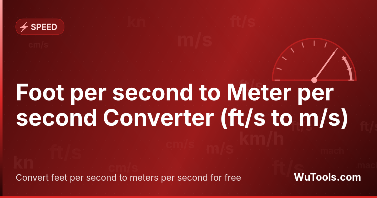 Foot per second to Meter per second Converter — Convert feet per second to meters per second for free. 1 ft/s = 0.3048 m/s. Accurate converter with formula, examples an