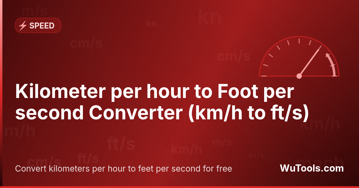 Kilometer per hour to Foot per second Converter — Convert kilometers per hour to feet per second for free. 1 km/h = 0.911344415281 ft/s. Accurate converter with formula,