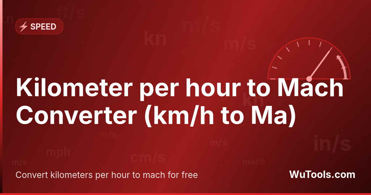 Kilometer per hour to Mach Converter — Convert kilometers per hour to mach for free. 1 km/h = 0.000809847749 Ma. Accurate converter with formula, examples and