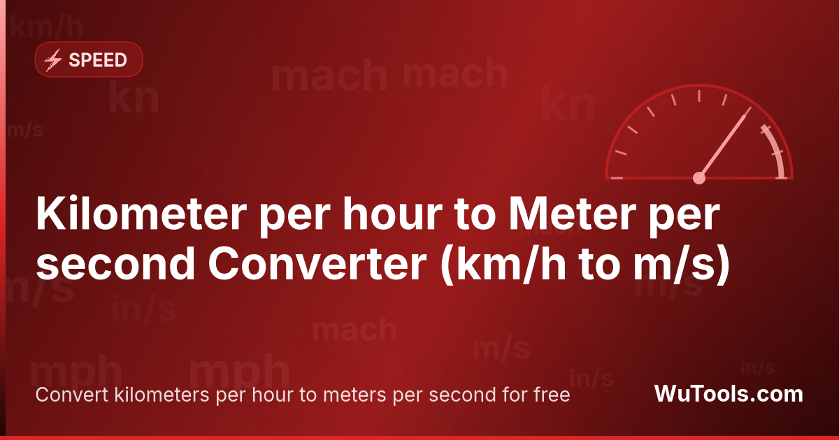 Kilometer per hour to Meter per second Converter — Convert kilometers per hour to meters per second for free. 1 km/h = 0.277777777778 m/s. Accurate converter with formula,