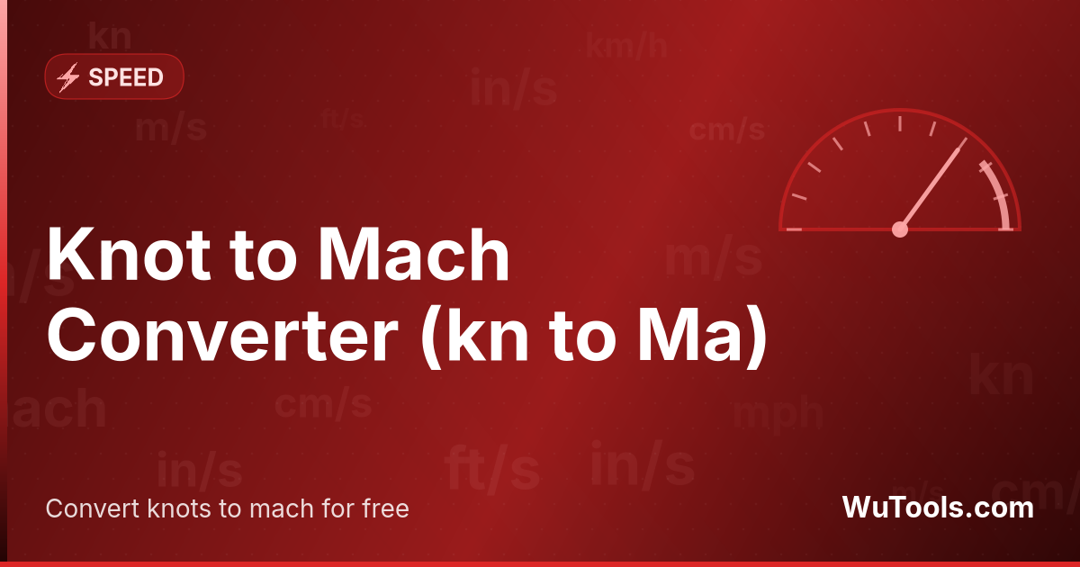 Knot to Mach Converter — Convert knots to mach for free. 1 kn = 0.00149983803 Ma. Accurate converter with formula, examples and conversion table