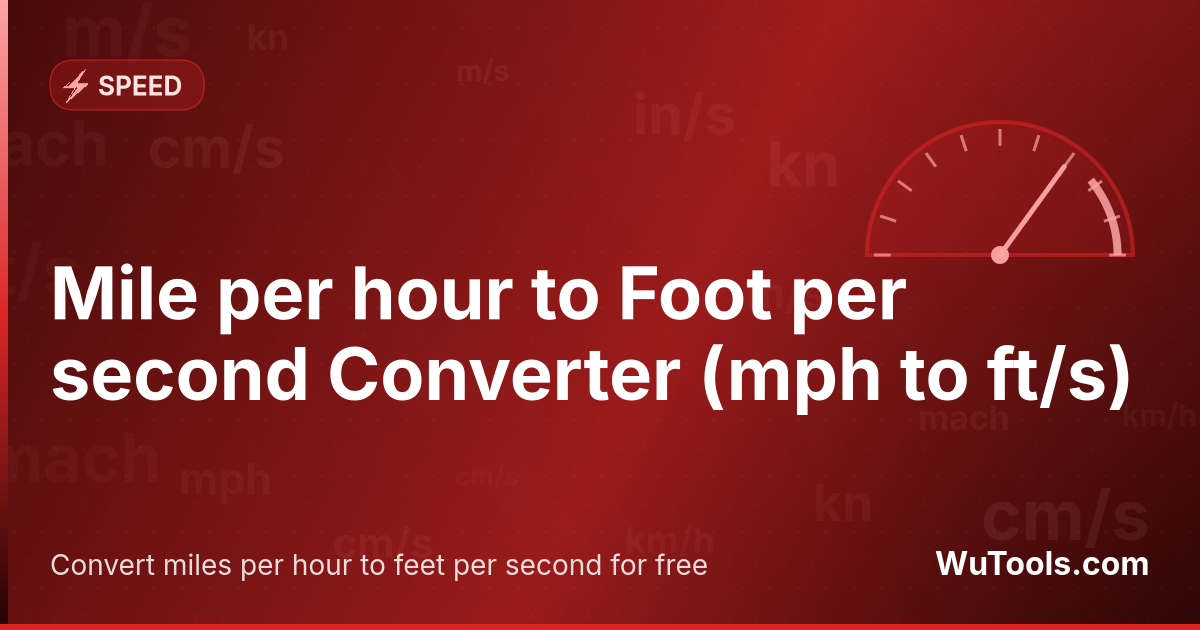 Mile per hour to Foot per second Converter — Convert miles per hour to feet per second for free. 1 mph = 1.466666666667 ft/s. Accurate converter with formula, exampl
