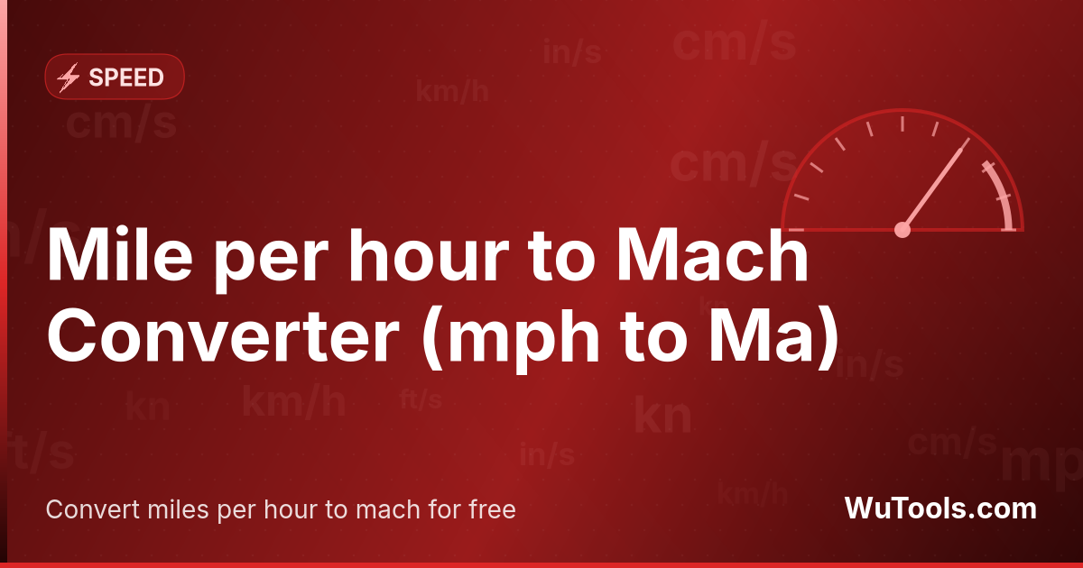 Mile per hour to Mach Converter — Convert miles per hour to mach for free. 1 mph = 0.001303323615 Ma. Accurate converter with formula, examples and conver