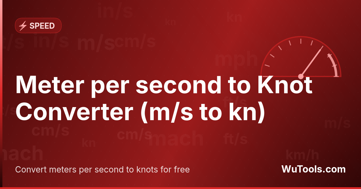 Meter per second to Knot Converter — Convert meters per second to knots for free. 1 m/s = 1.943844492441 kn. Accurate converter with formula, examples and co