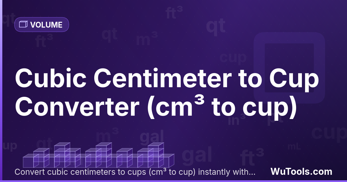 Centímetro Cúbico para Xícara — Converta centímetros cúbicos para xícaras grátis. 1 cm³ = 0.00422675 cup. Conversor preciso com fórmula, exemplos e tabe
