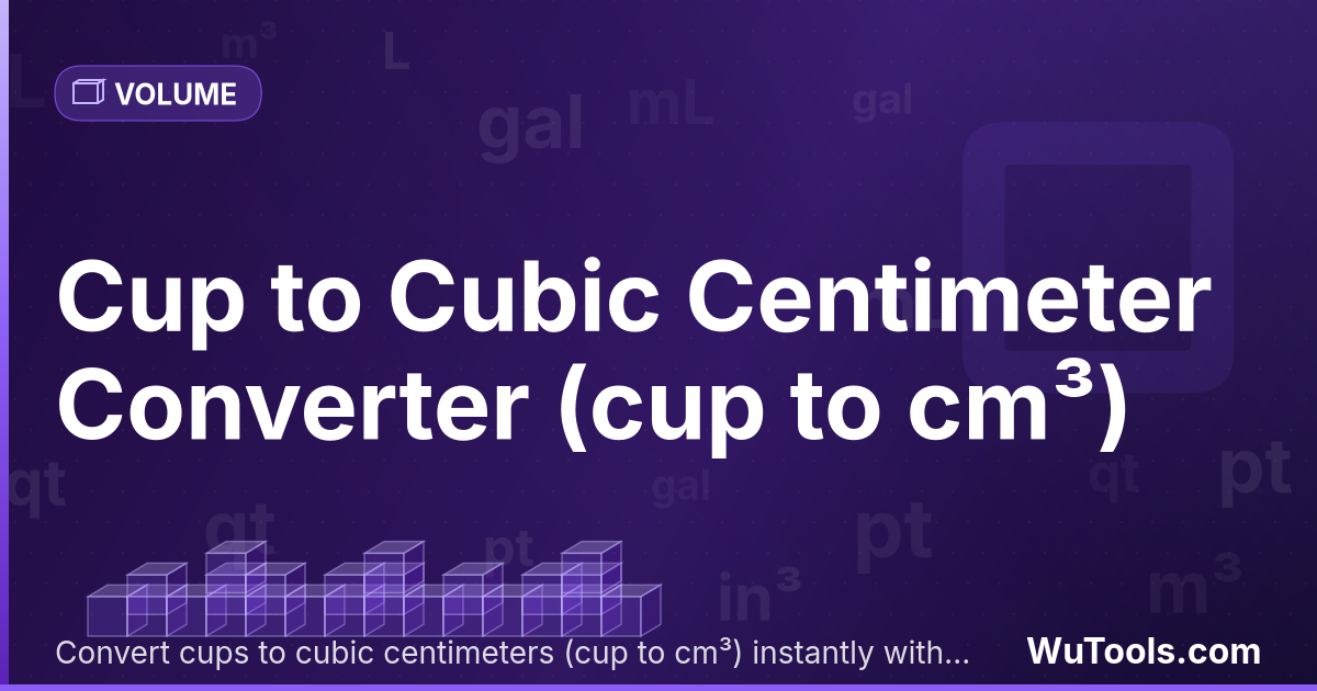 Xícara para Centímetro Cúbico — Converta xícaras para centímetros cúbicos grátis. 1 cup = 236.5882365 cm³. Conversor preciso com fórmula, exemplos e tab