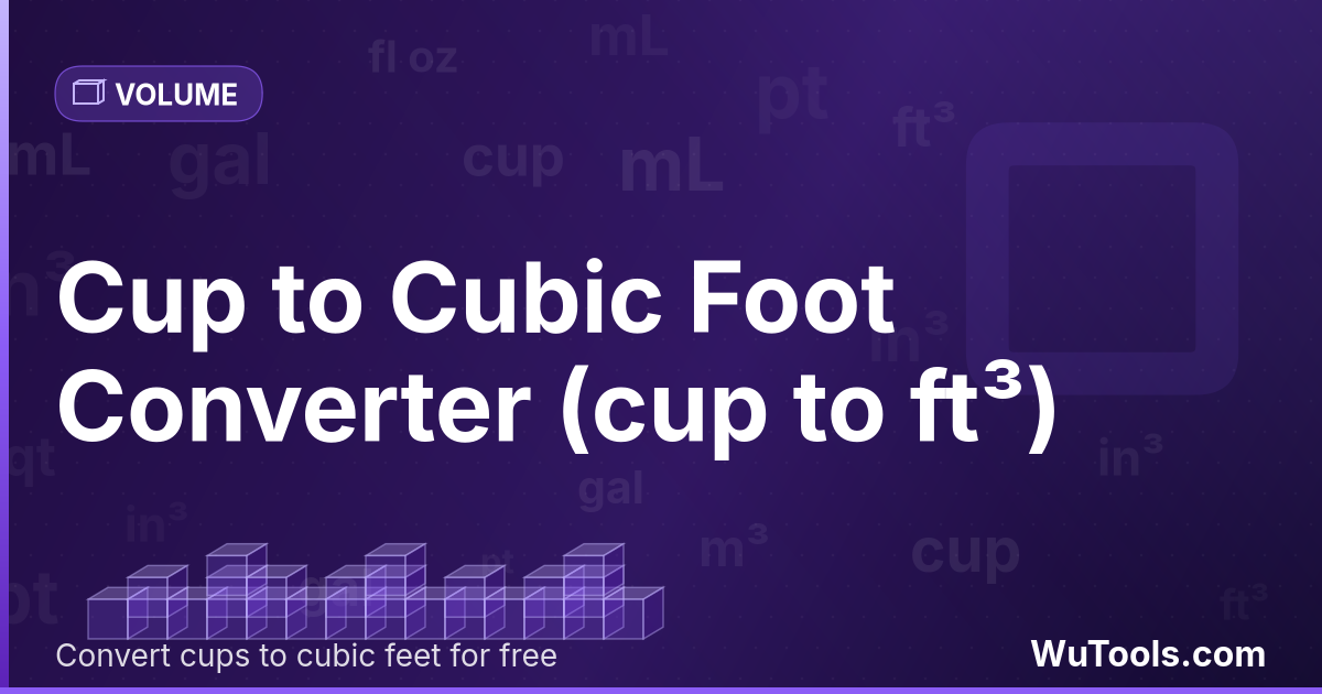 Xícara para Pé Cúbico — Converta xícaras para pés cúbicos grátis. 1 cup = 0.00835503 ft³. Conversor preciso com fórmula, exemplos e tabela de co