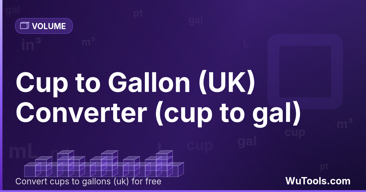 Xícara para Galão (Reino Unido) — Converta xícaras para galões (reino unido) grátis. 1 cup = 0.05204214 gal. Conversor preciso com fórmula, exemplos e tab