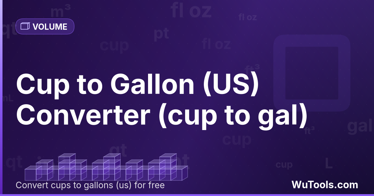 Xícara para Galão (EUA) — Converta xícaras para galões (eua) grátis. 1 cup = 0.0625 gal. Conversor preciso com fórmula, exemplos e tabela de conve
