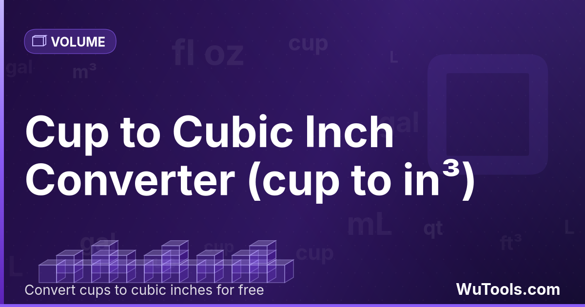 Xícara para Polegada Cúbica — Converta xícaras para polegadas cúbicas grátis. 1 cup = 14.4375 in³. Conversor preciso com fórmula, exemplos e tabela de