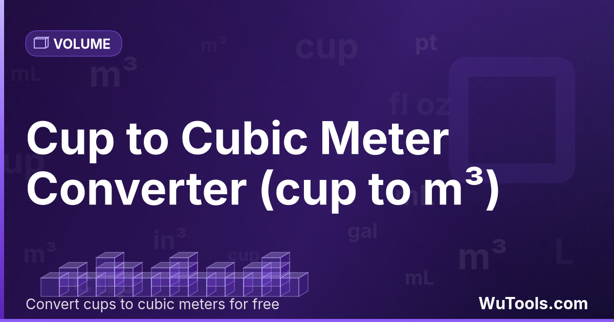 Xícara para Metro Cúbico — Converta xícaras para metros cúbicos grátis. 1 cup = 0.00023659 m³. Conversor preciso com fórmula, exemplos e tabela de