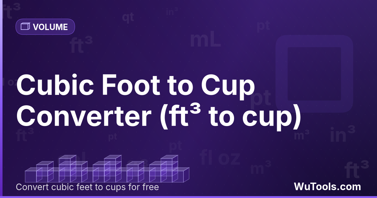 Pé Cúbico para Xícara — Converta pés cúbicos para xícaras grátis. 1 ft³ = 119.68831169 cup. Conversor preciso com fórmula, exemplos e tabela de