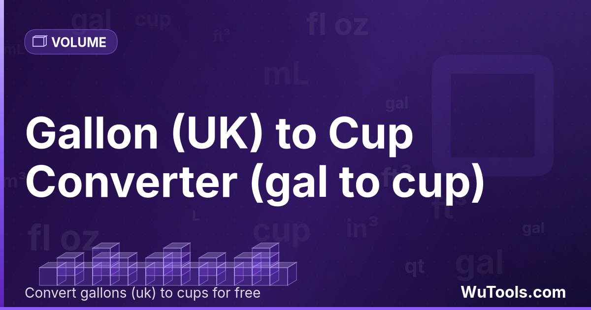 Galão (Reino Unido) para Xícara — Converta galões (reino unido) para xícaras grátis. 1 gal = 19.21519881 cup. Conversor preciso com fórmula, exemplos e ta