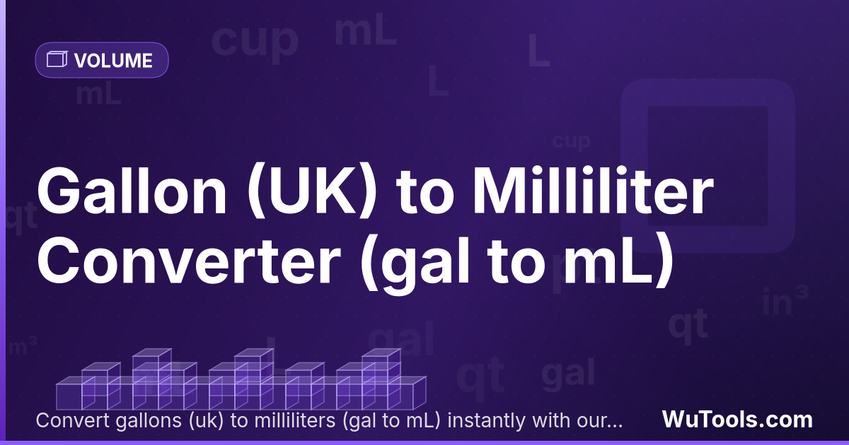 Galão (Reino Unido) para Mililitro — Converta galões (reino unido) para mililitros grátis. 1 gal = 4546.09 mL. Conversor preciso com fórmula, exemplos e tabe