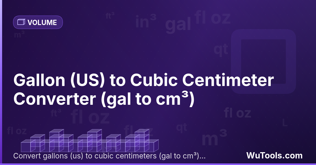 Galão (EUA) para Centímetro Cúbico — Converta galões (eua) para centímetros cúbicos grátis. 1 gal = 3785.411784 cm³. Conversor preciso com fórmula, exemplos