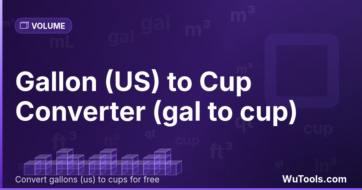 Gallon (US) en Tasse — Convertir gallons (us) vers tasses gratuitement. 1 gal = 16 cup. Convertisseur précis avec formule, exemples et table de