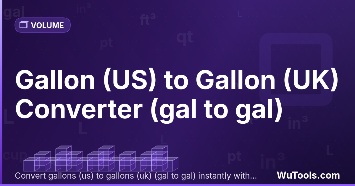 Galão (EUA) para Galão (Reino Unido) — Converta galões (eua) para galões (reino unido) grátis. 1 gal = 0.83267418 gal. Conversor preciso com fórmula, exemplos