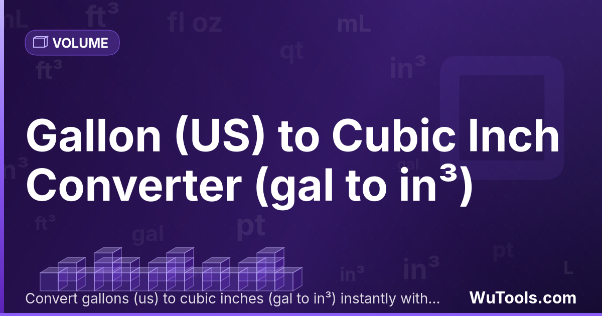 Galão (EUA) para Polegada Cúbica — Converta galões (eua) para polegadas cúbicas grátis. 1 gal = 231 in³. Conversor preciso com fórmula, exemplos e tabela d