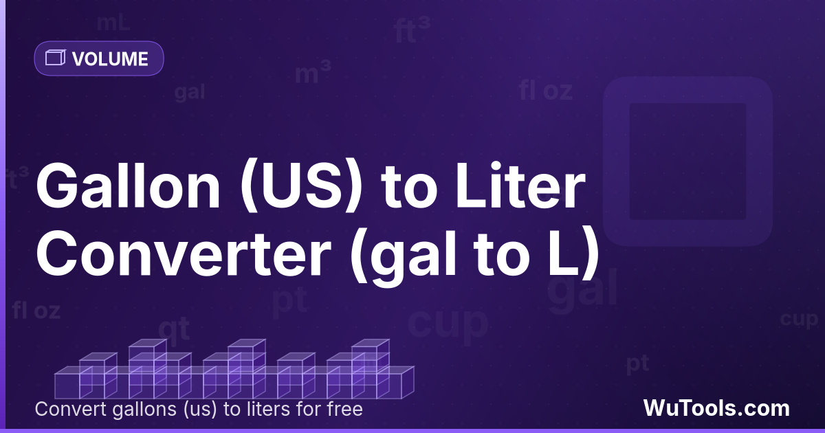 Galão (EUA) para Litro — Converta galões (eua) para litros grátis. 1 gal = 3.78541178 L. Conversor preciso com fórmula, exemplos e tabela de conv