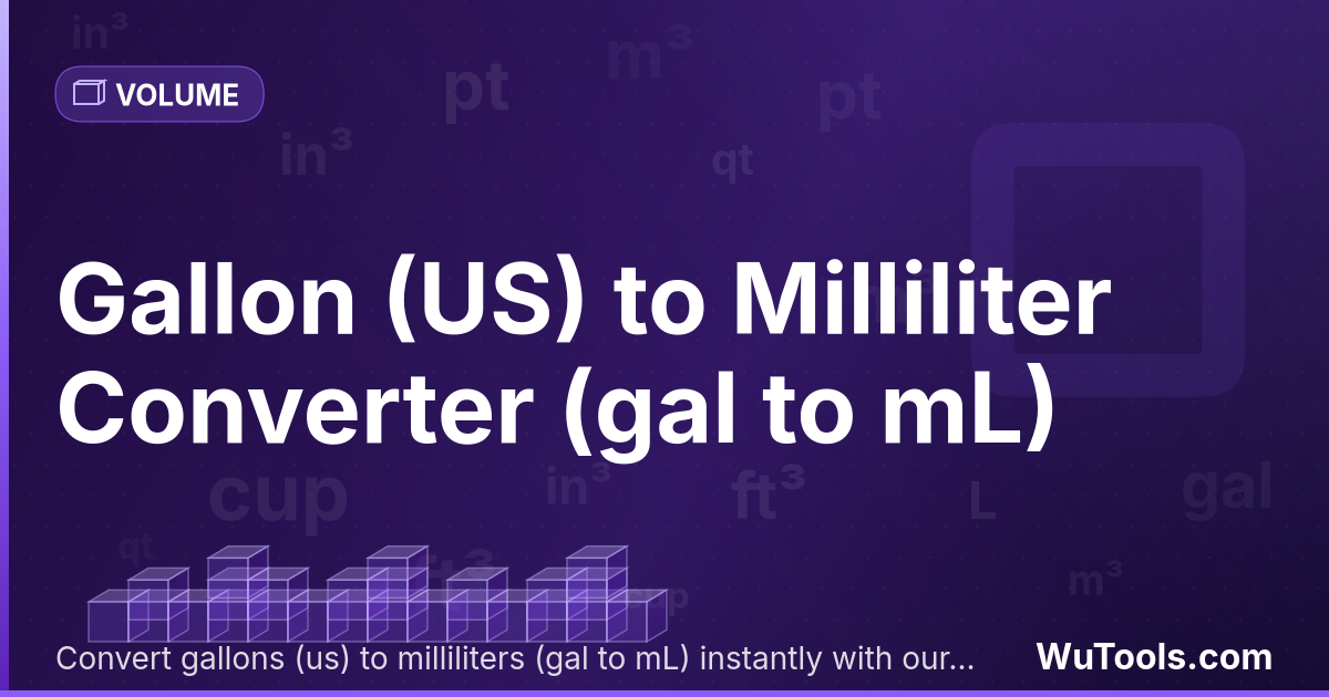 Galão (EUA) para Mililitro — Converta galões (eua) para mililitros grátis. 1 gal = 3785.411784 mL. Conversor preciso com fórmula, exemplos e tabela d