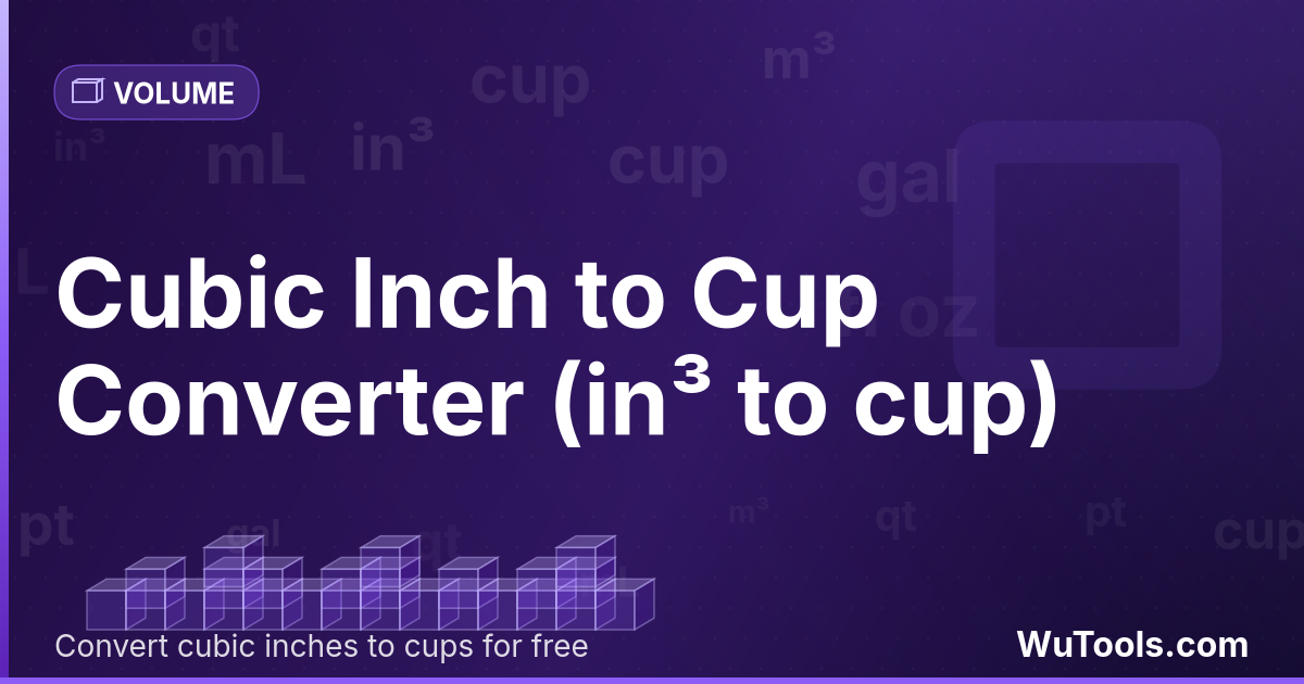 Polegada Cúbica para Xícara — Converta polegadas cúbicas para xícaras grátis. 1 in³ = 0.06926407 cup. Conversor preciso com fórmula, exemplos e tabela