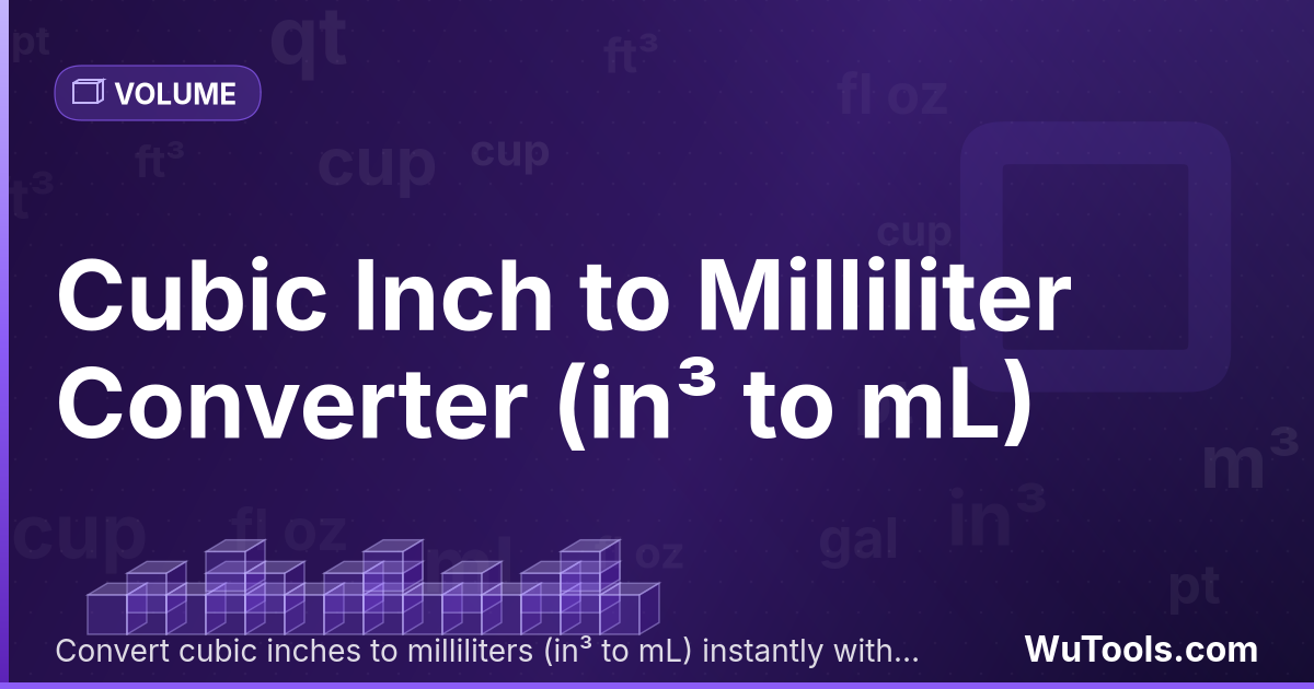 Polegada Cúbica para Mililitro — Converta polegadas cúbicas para mililitros grátis. 1 in³ = 16.387064 mL. Conversor preciso com fórmula, exemplos e tabel